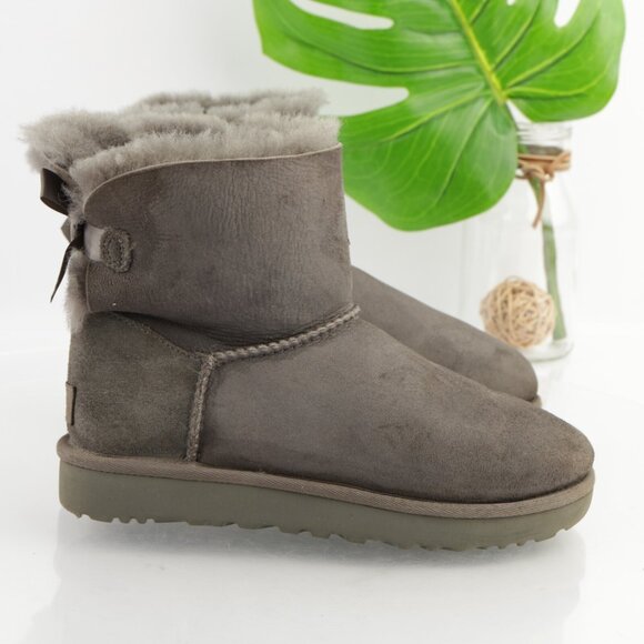 UGG Womens Mini Bailey Bow Boots Size 6 Gray Suede Sherpa Shearling Short Bootie - Picture 7 of 16